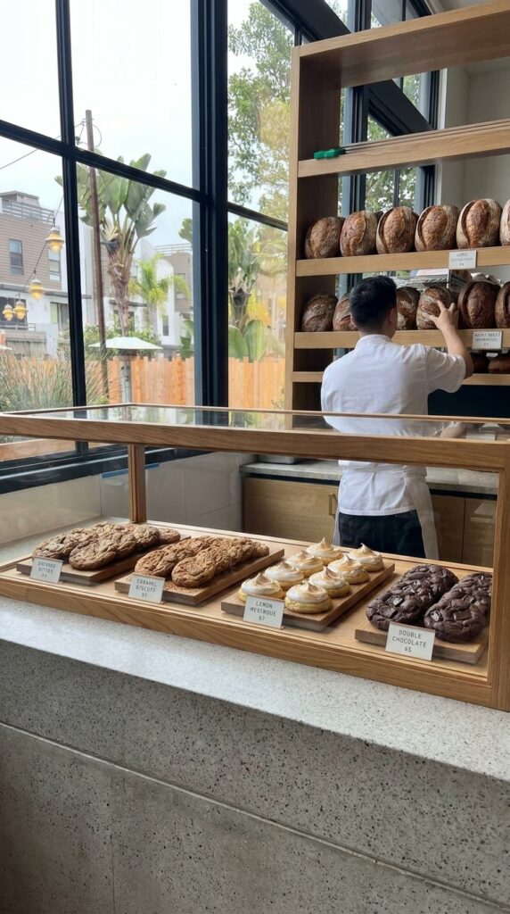 Freshly baked artisan breads and pastries displayed on wooden shelves at Goodie Corner