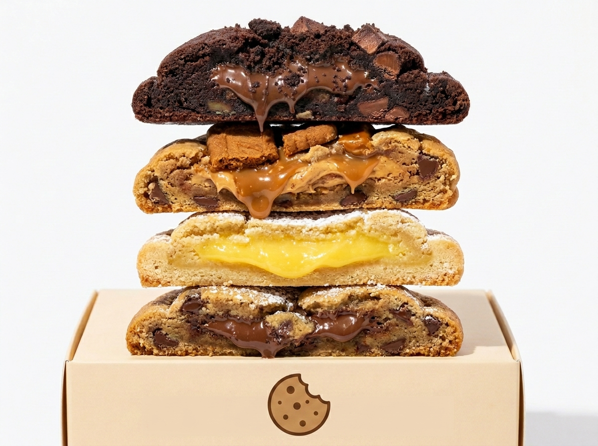 Artisan cookie gift box open showing 6 assorted homemade cookies in rustic elegant packaging on linen