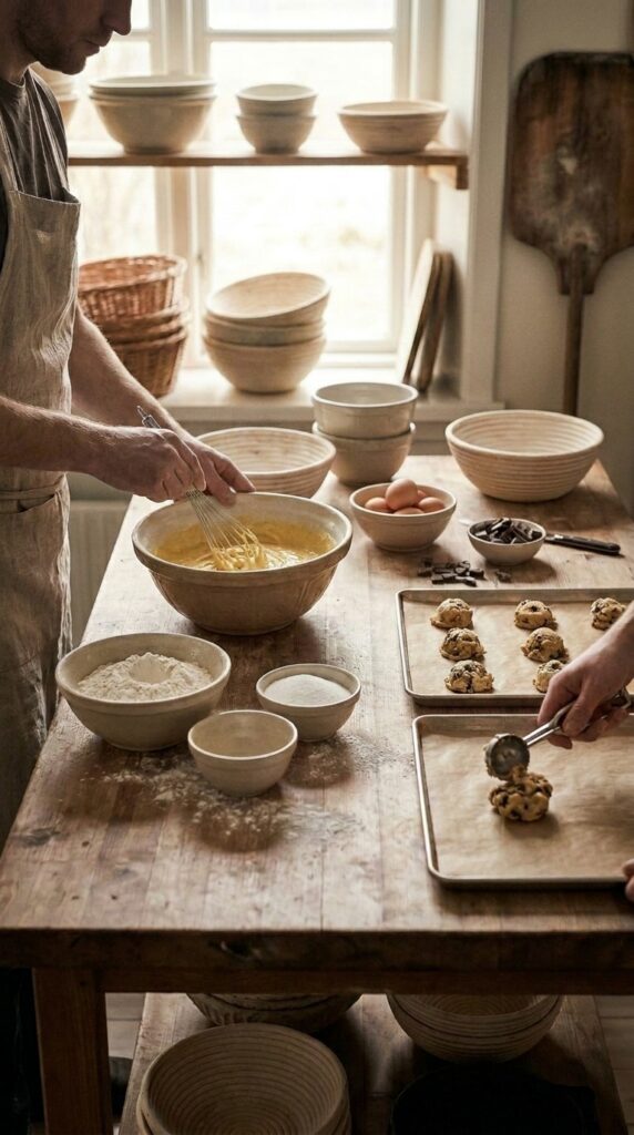 Baker preparing fresh cookie batches with eggs and chocolate at Goodie Corner kitchen