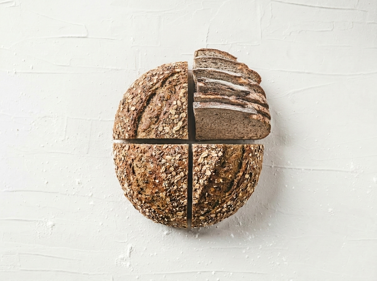 Seeded multigrain sourdough loaf coated in whole seeds on a rustic wooden board, sliced to show a dense hearty crumb