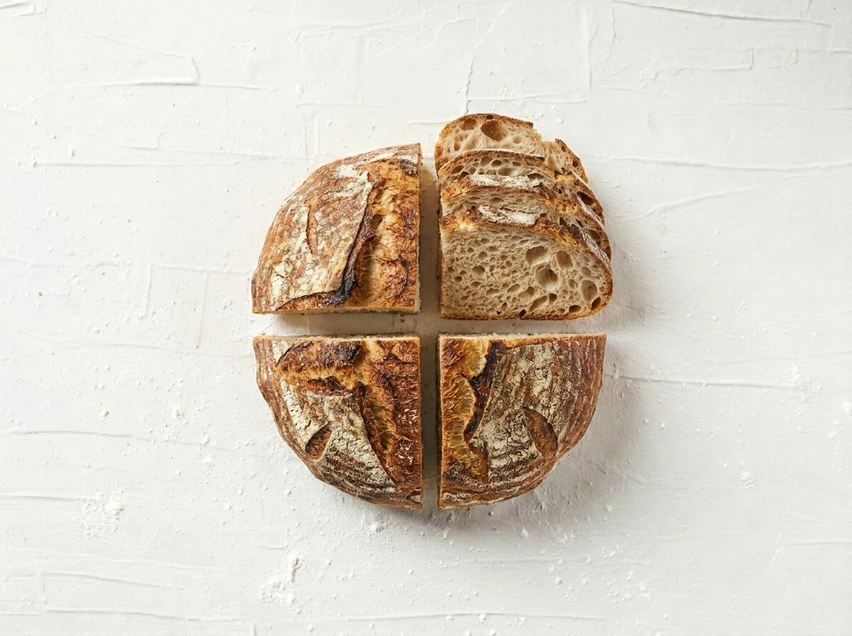 Artisan sourdough loaf with scored crackly golden crust on a wooden bread board, sliced to show open airy crumb