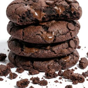 Double chocolate cookie broken open showing fudgy dark center and melted chocolate chunks on rustic surface