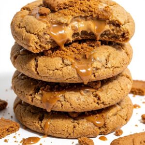 Inside-out caramel peanut butter stuffed cookie broken open revealing a molten salted caramel filling on a wooden board