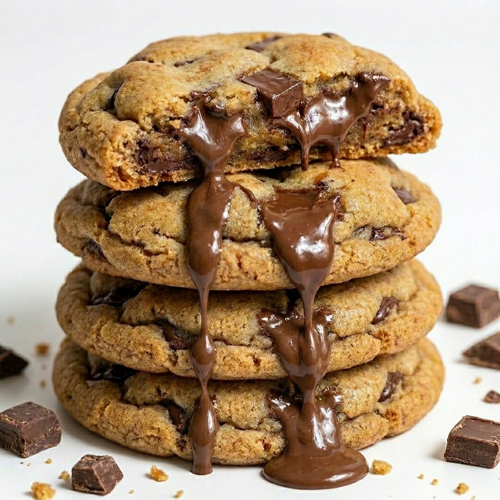 Artisan chocolate chip cookie with golden edges and melty chocolate chips on a rustic wooden board