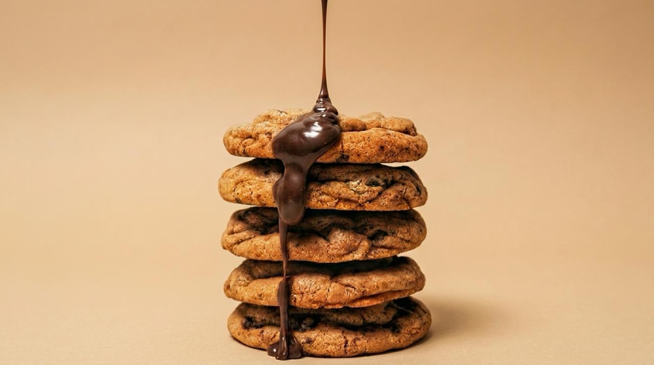 Artisan chocolate chip cookie with golden edges and melty chocolate chips on a rustic wooden board